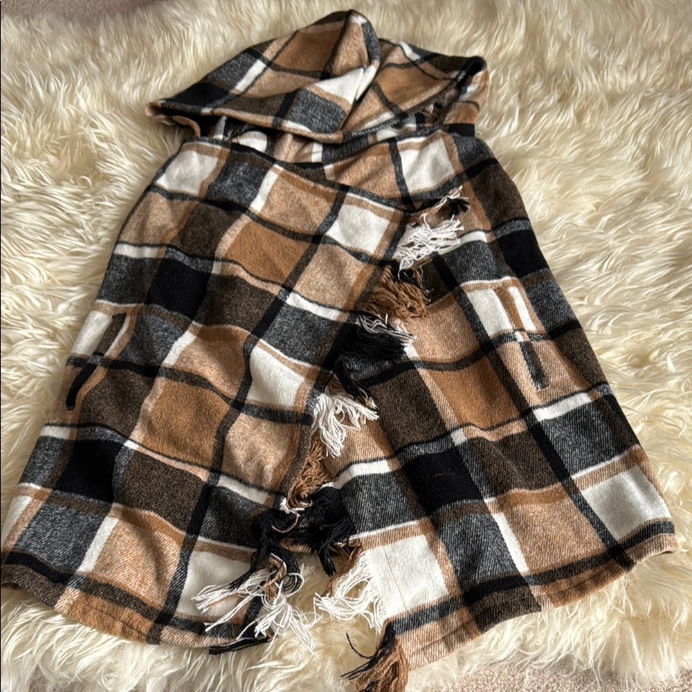 Altar'd State Plaid Hooded Vest - Black, Brown, White